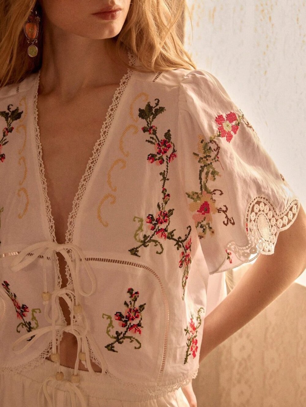 White Boho Women's Linen Embroidered Tie-Up Vacation Shirt